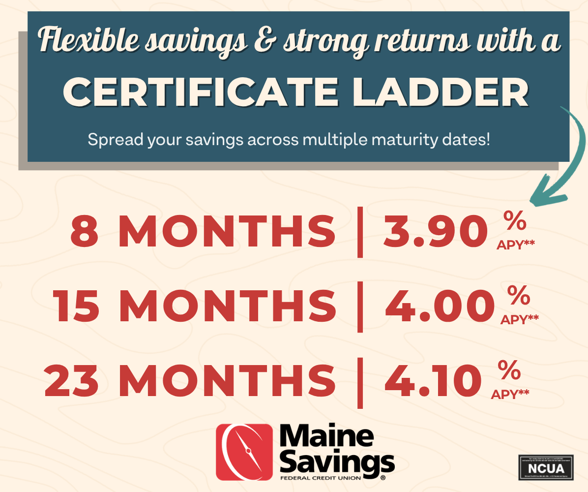 Whether rates move up, down, or stay the same, a share certificate ladder helps you stay flexible while earning competitive returns. image